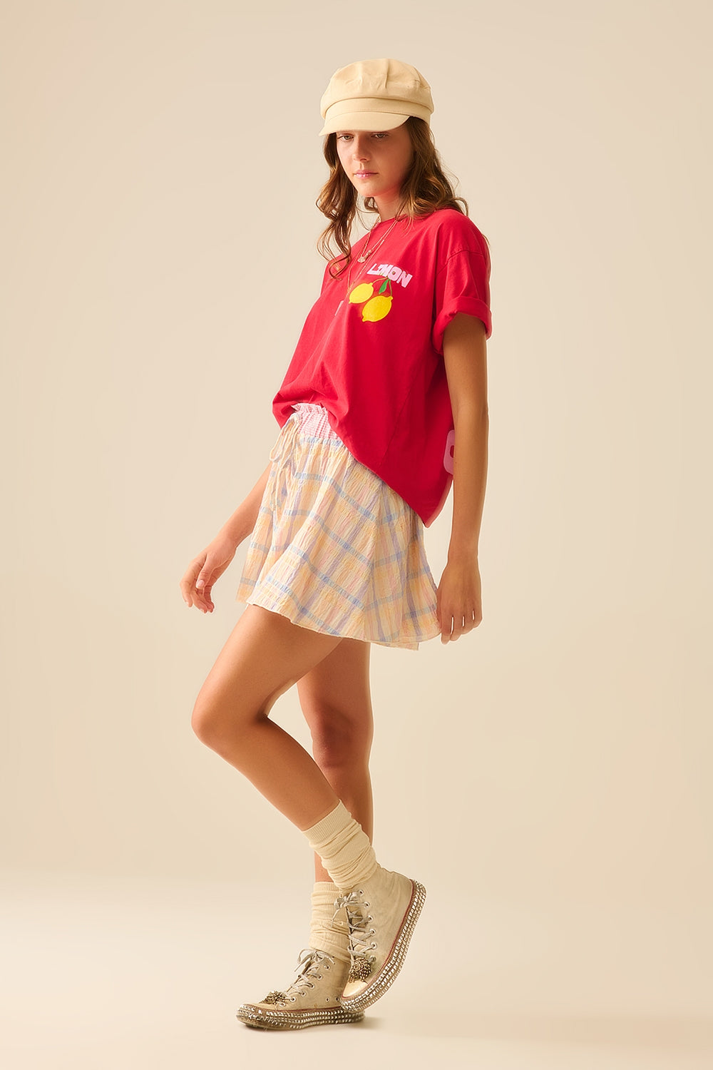 t-shirt rossa rilassata con stampa di limoni made in Italy