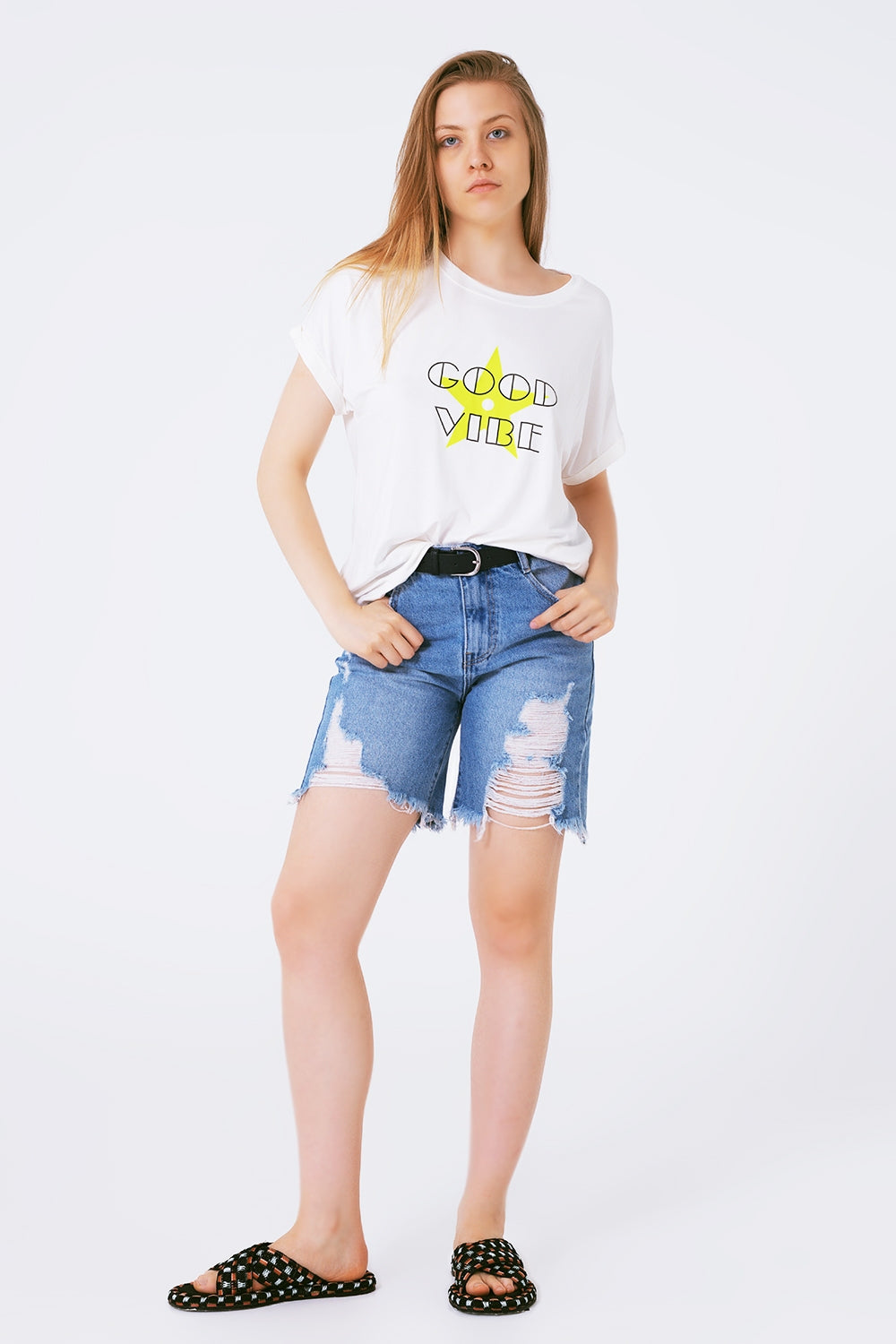 T-Shirts Scollo a barca Vestibilità comoda Stampa good vibe fluor
