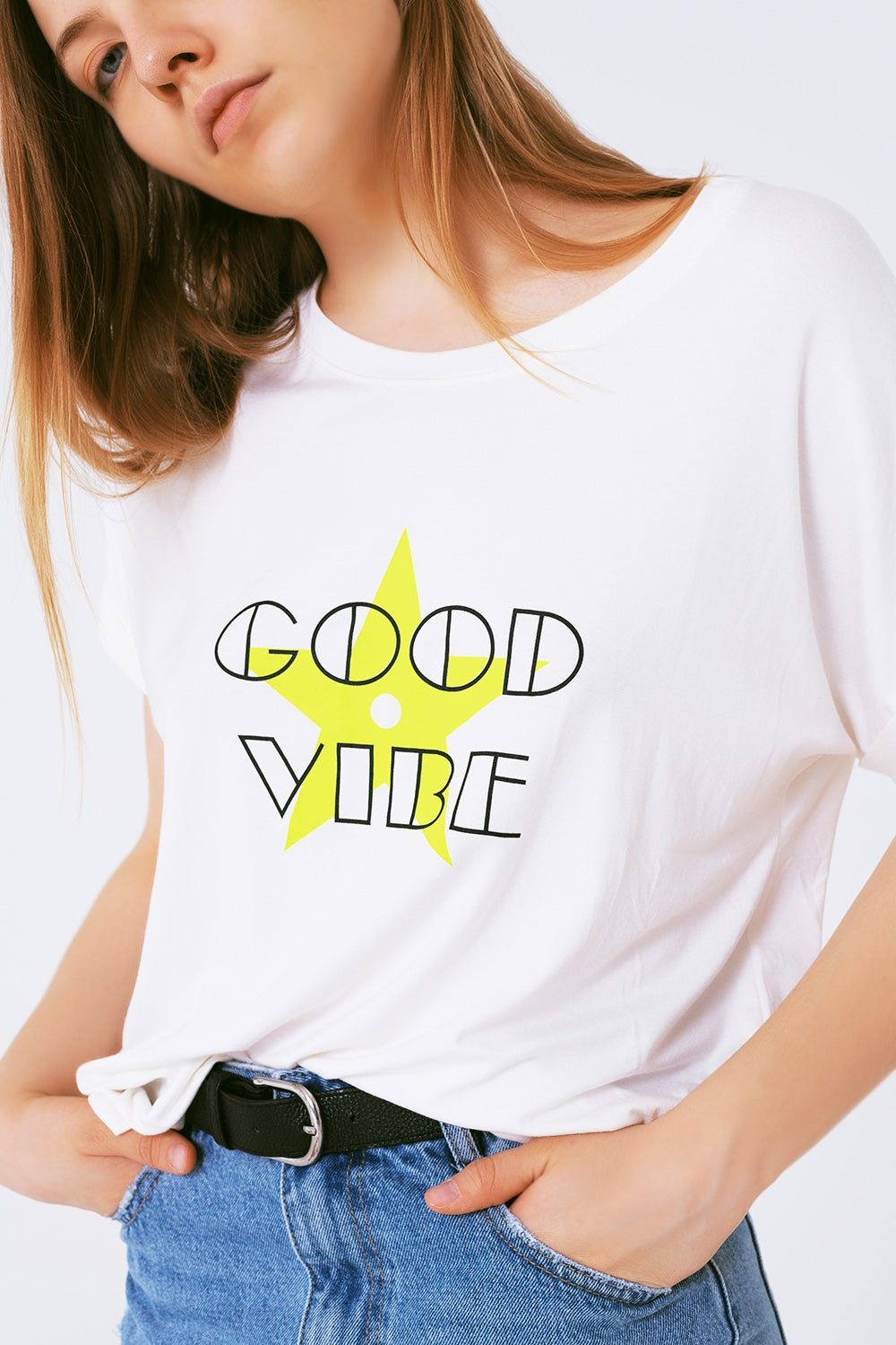 T-Shirts Scollo a barca Vestibilità comoda Stampa good vibe fluor