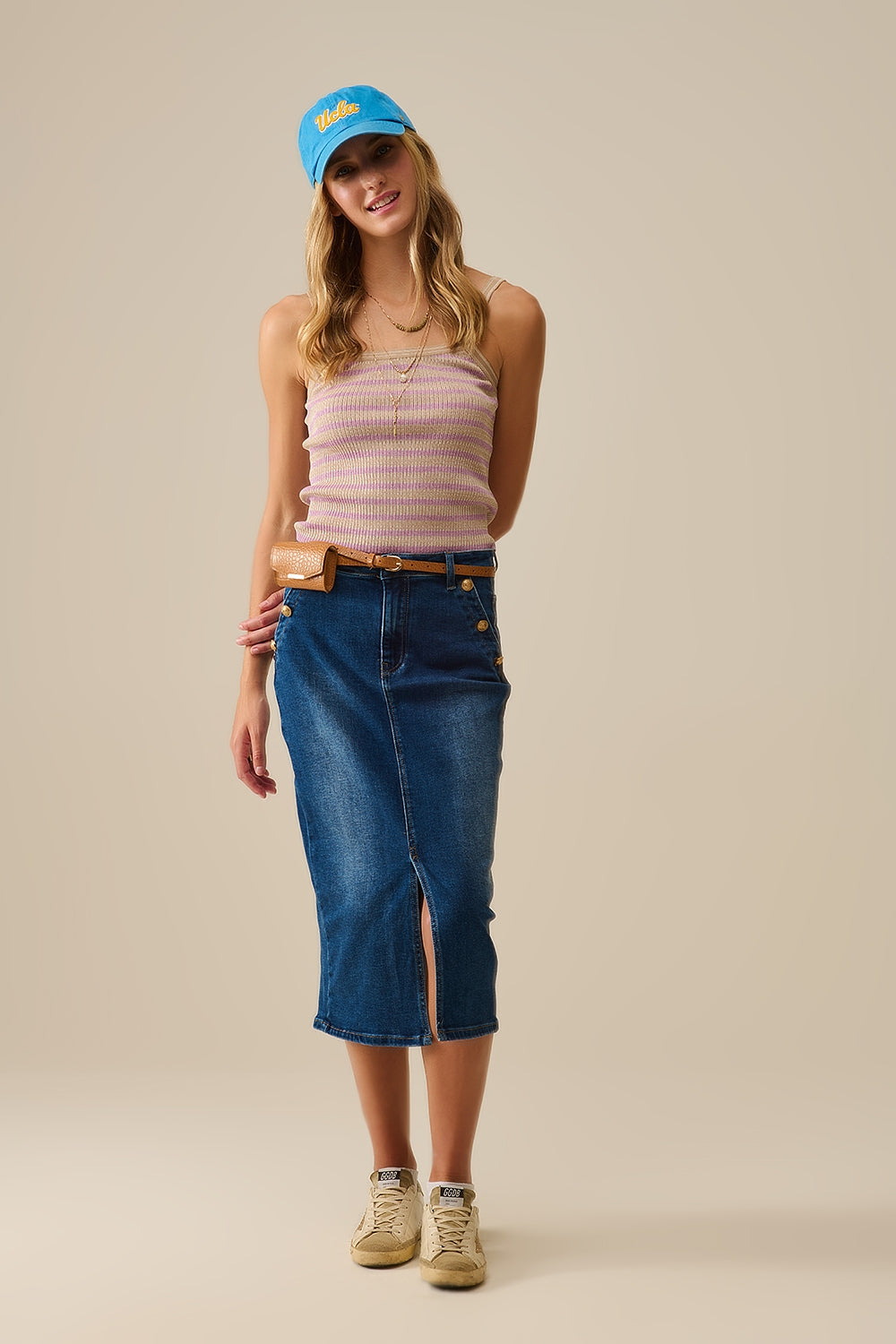top beige con strisce e spalline lilla