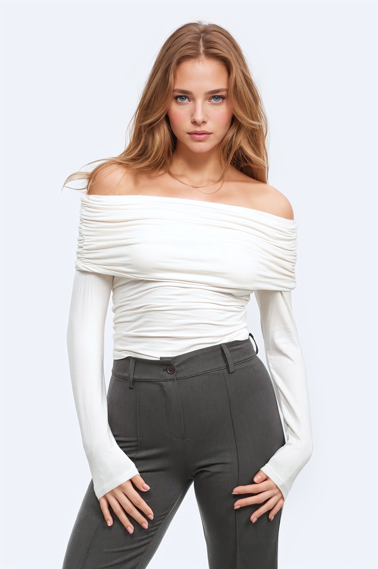 Q2 Top bodycon viscose con spalle scoperte in panna