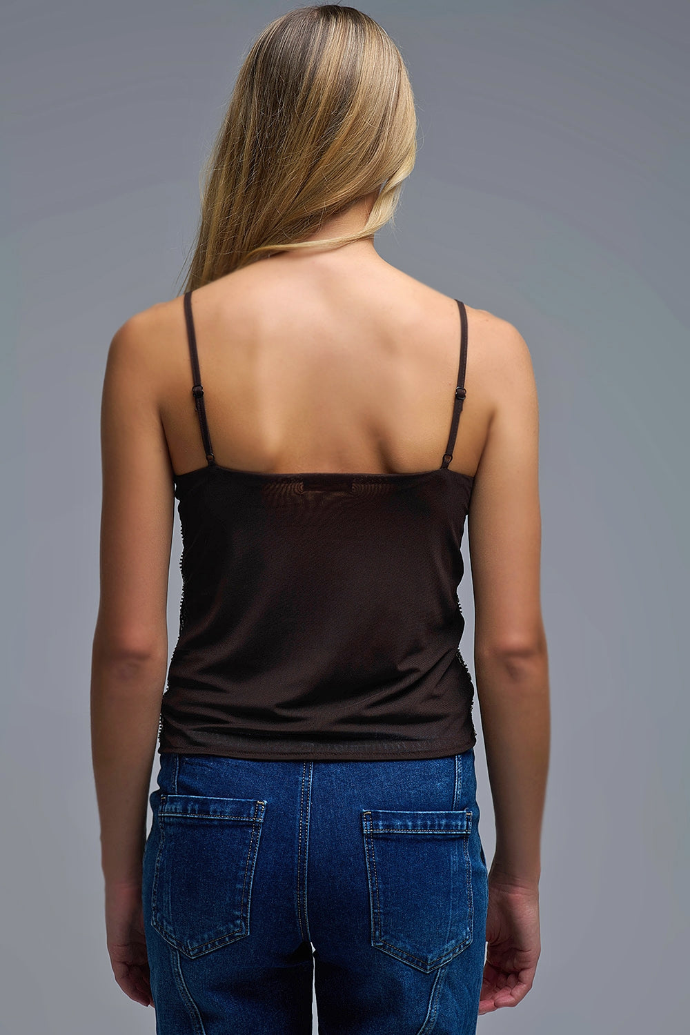 Top Cami ricamato vintage con paillettes in marrone