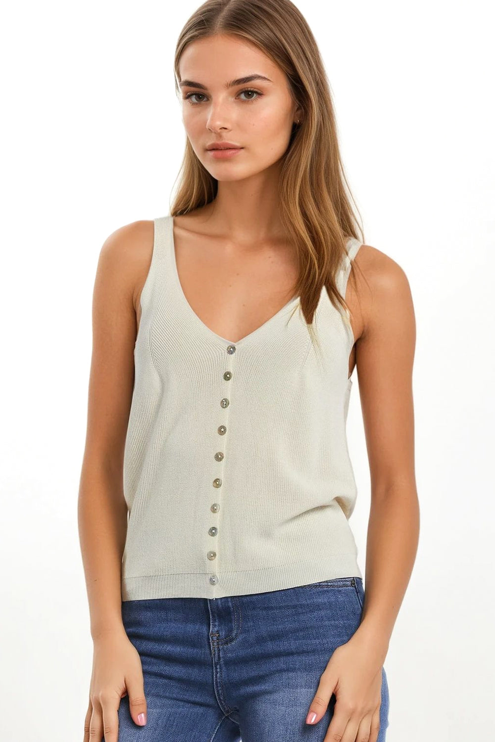 Q2 top corto beige in maglia con bottoni