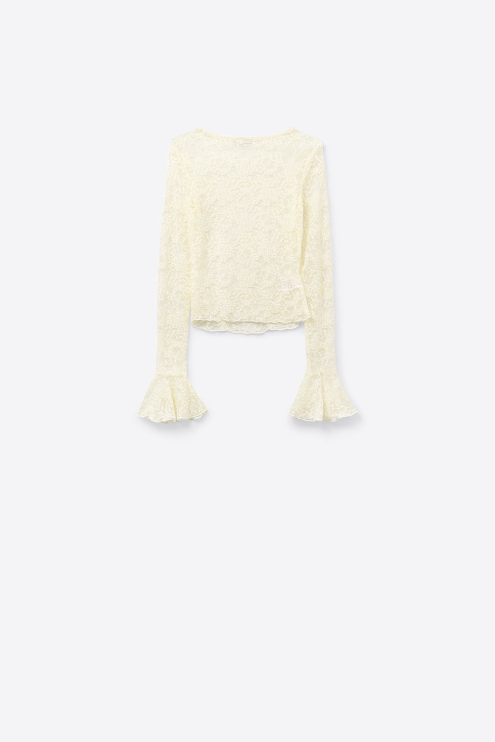 Top di pizzo color crema con maniche lunghe svasate e volant