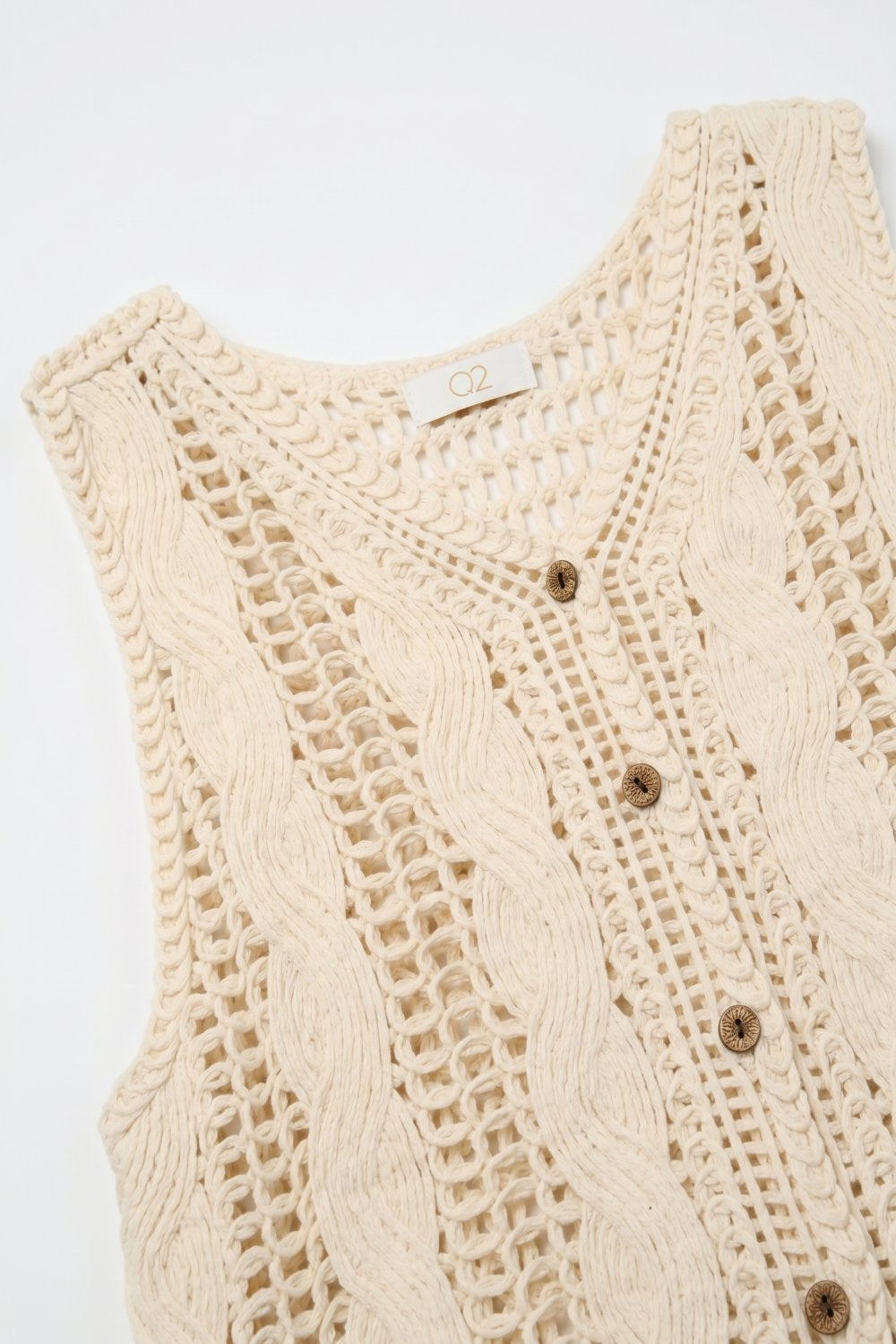 Top gilet beige in maglia a cavo con bottoni sul davanti
