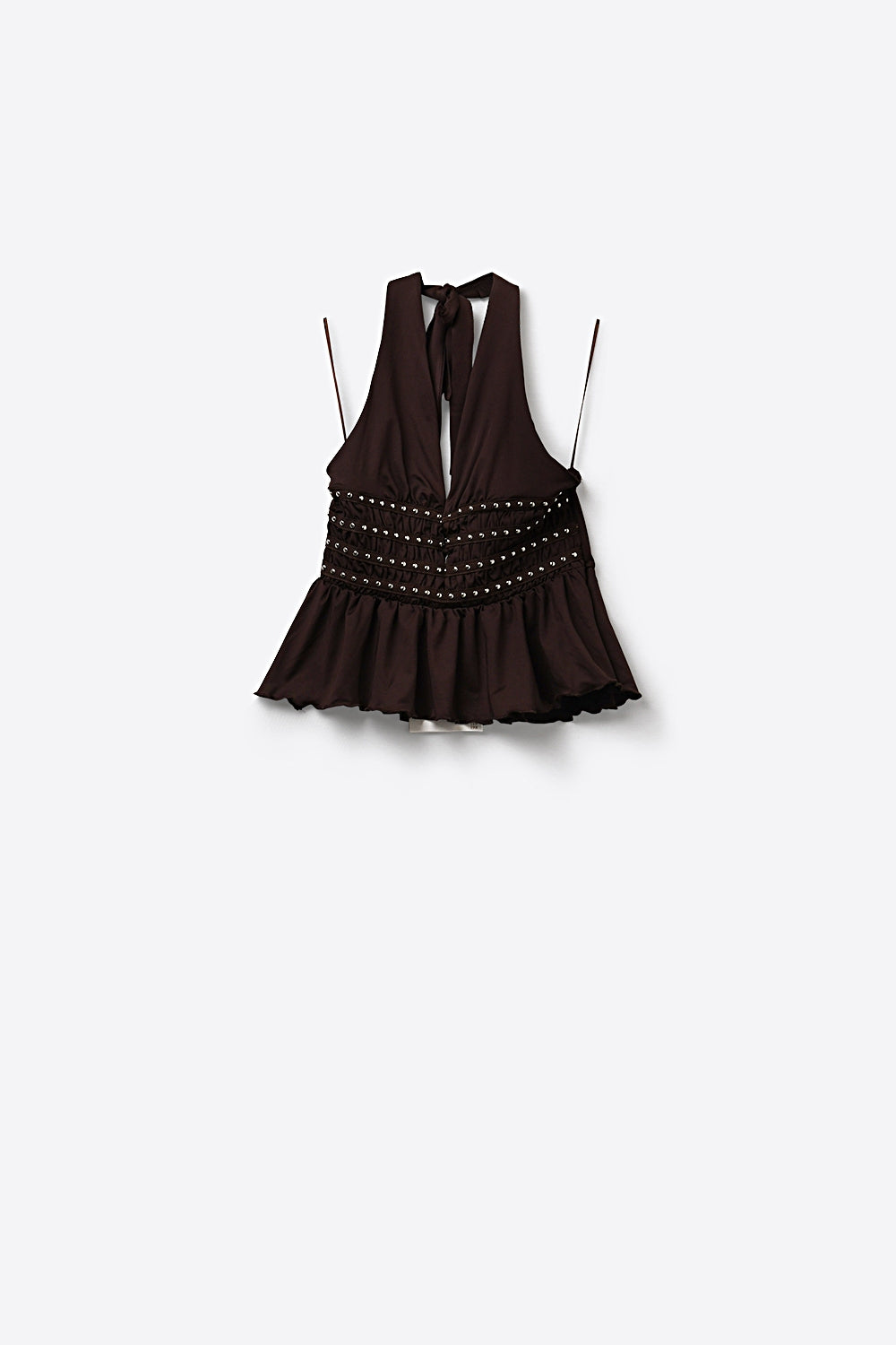 Top Halter Marrone Arricciato con Dettagli in Borchie