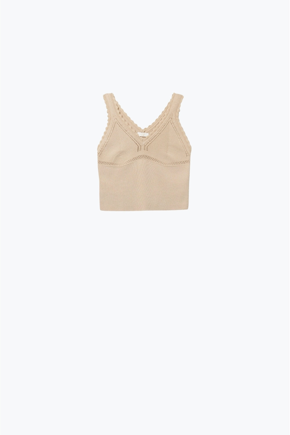 Q2 Top in maglia a coste beige con scollo a V smerlato