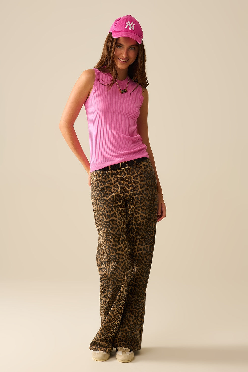 Top in maglia a costine senza maniche in fucsia