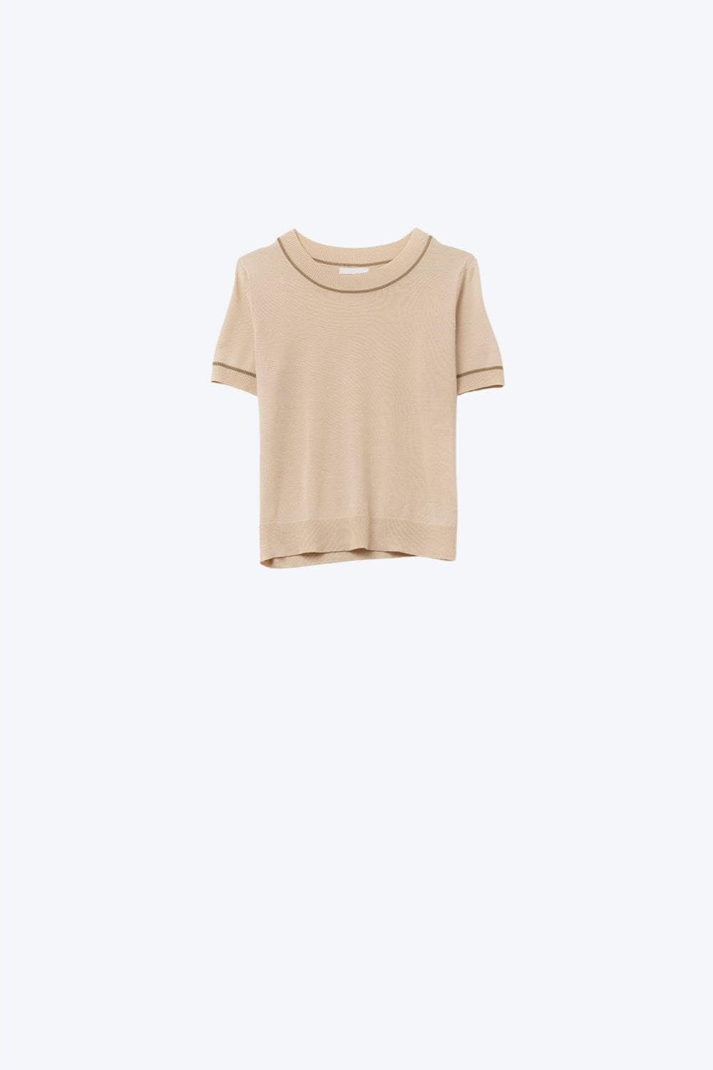 Q2 Top in maglia a maniche corte beige con finiture a contrasto color cammello