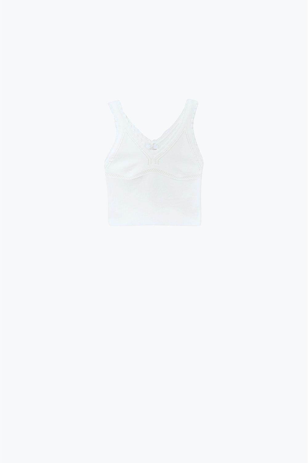 Q2 Top in maglia bianca con scollo a V e bordi smerlati