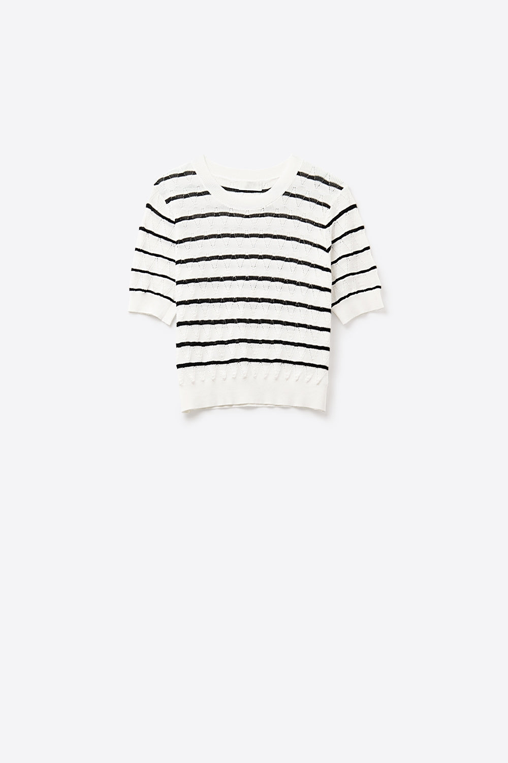 Top in maglia bianca traforata con maniche corte e righe nere