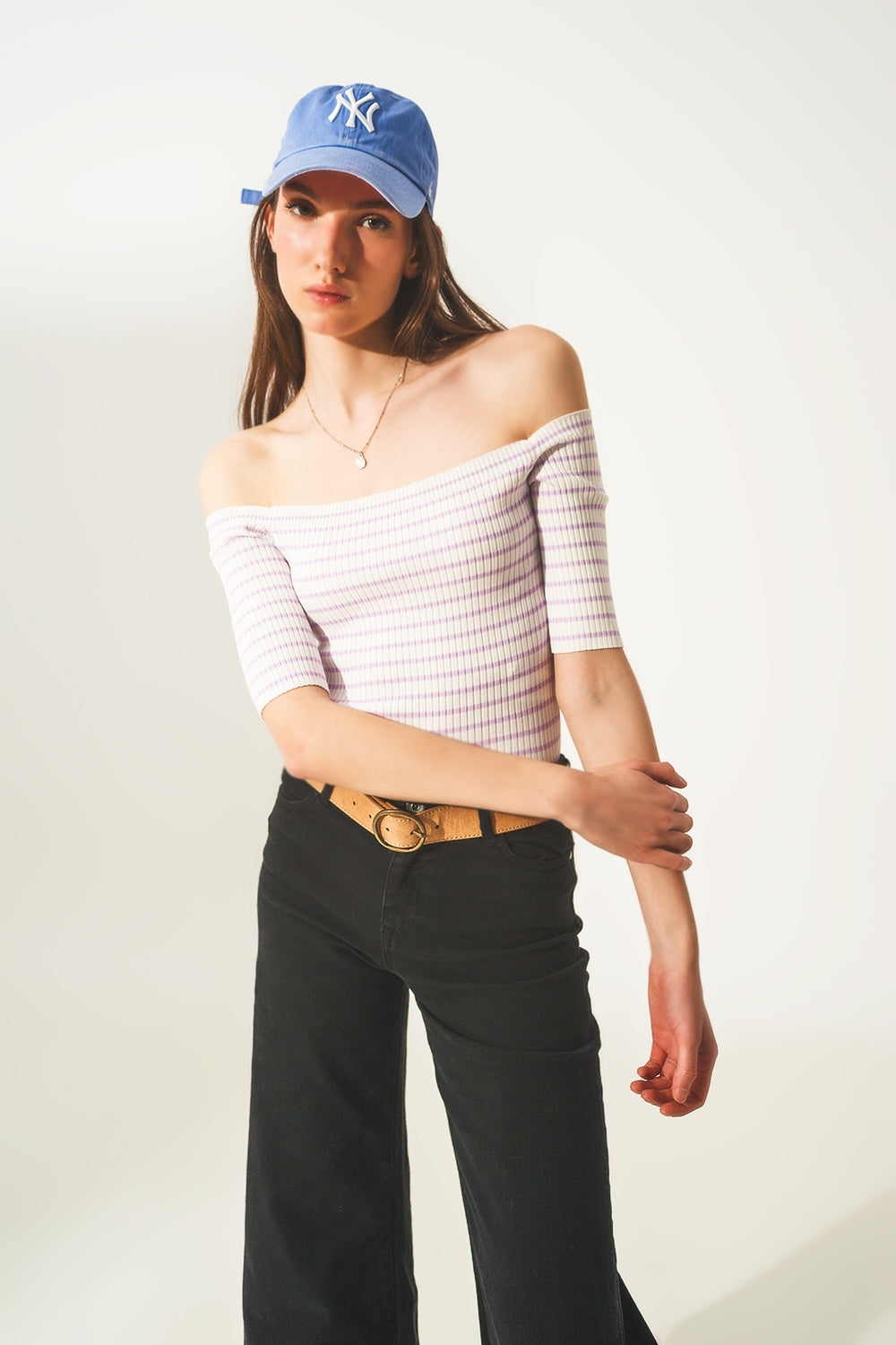 Top lilla a righe con scollo Bardot
