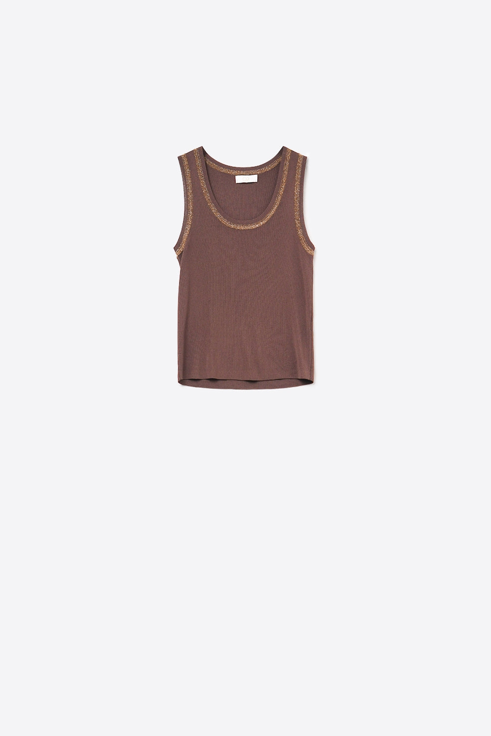 Q2 Top marrone senza maniche in maglia con finiture metalliche