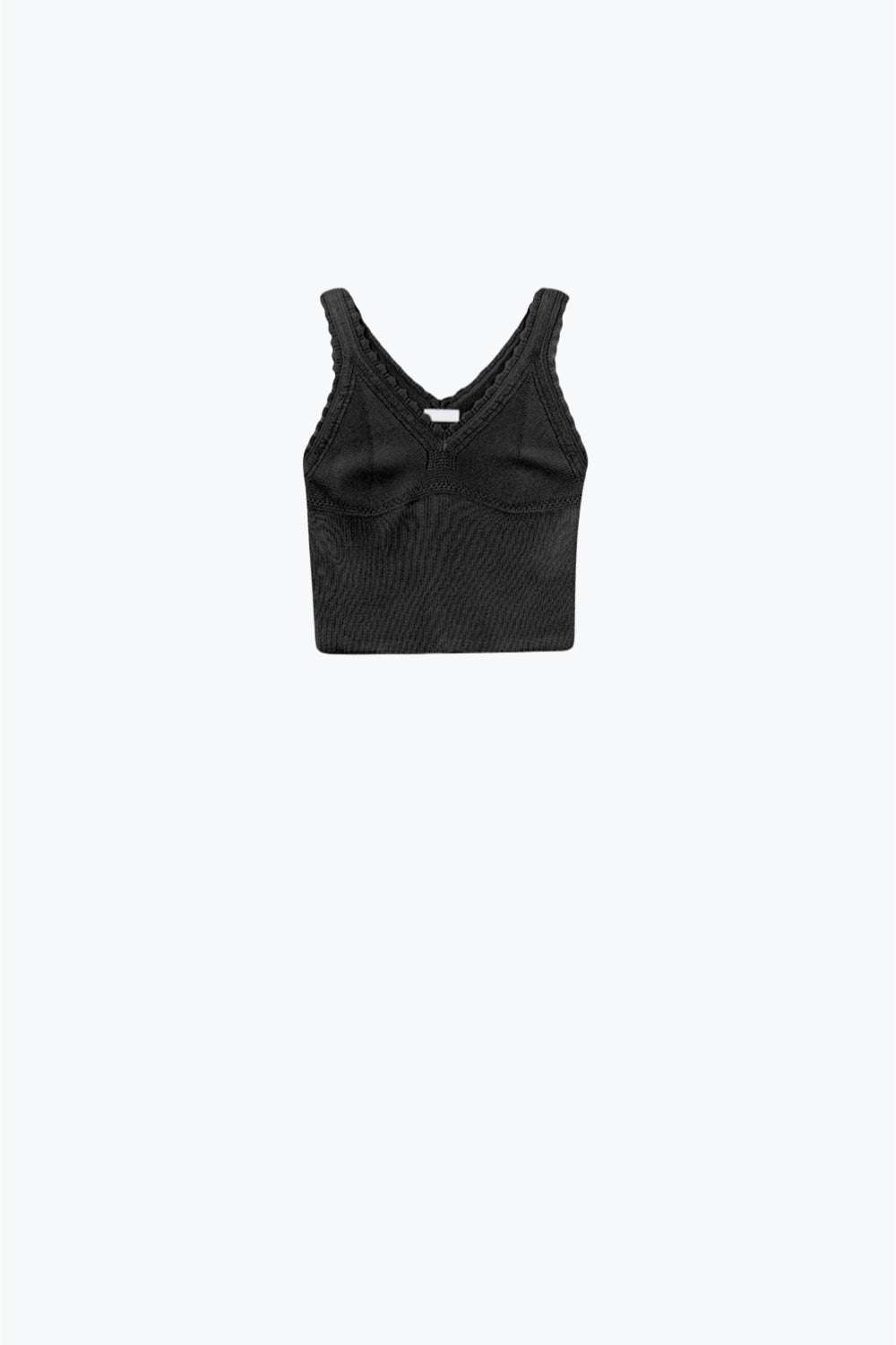 Q2 Top nero in maglia con scollo a V e bordi smerlati