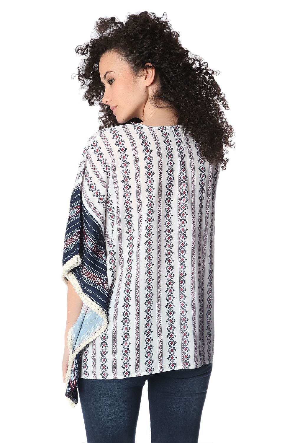 Top oversize stile poncho con motivo tribale blu navy