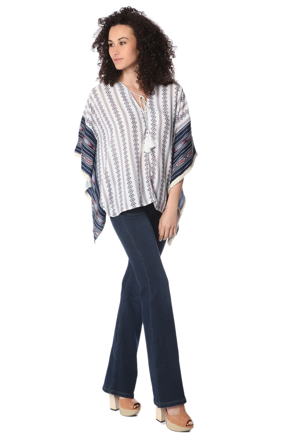 Top oversize stile poncho con motivo tribale blu navy
