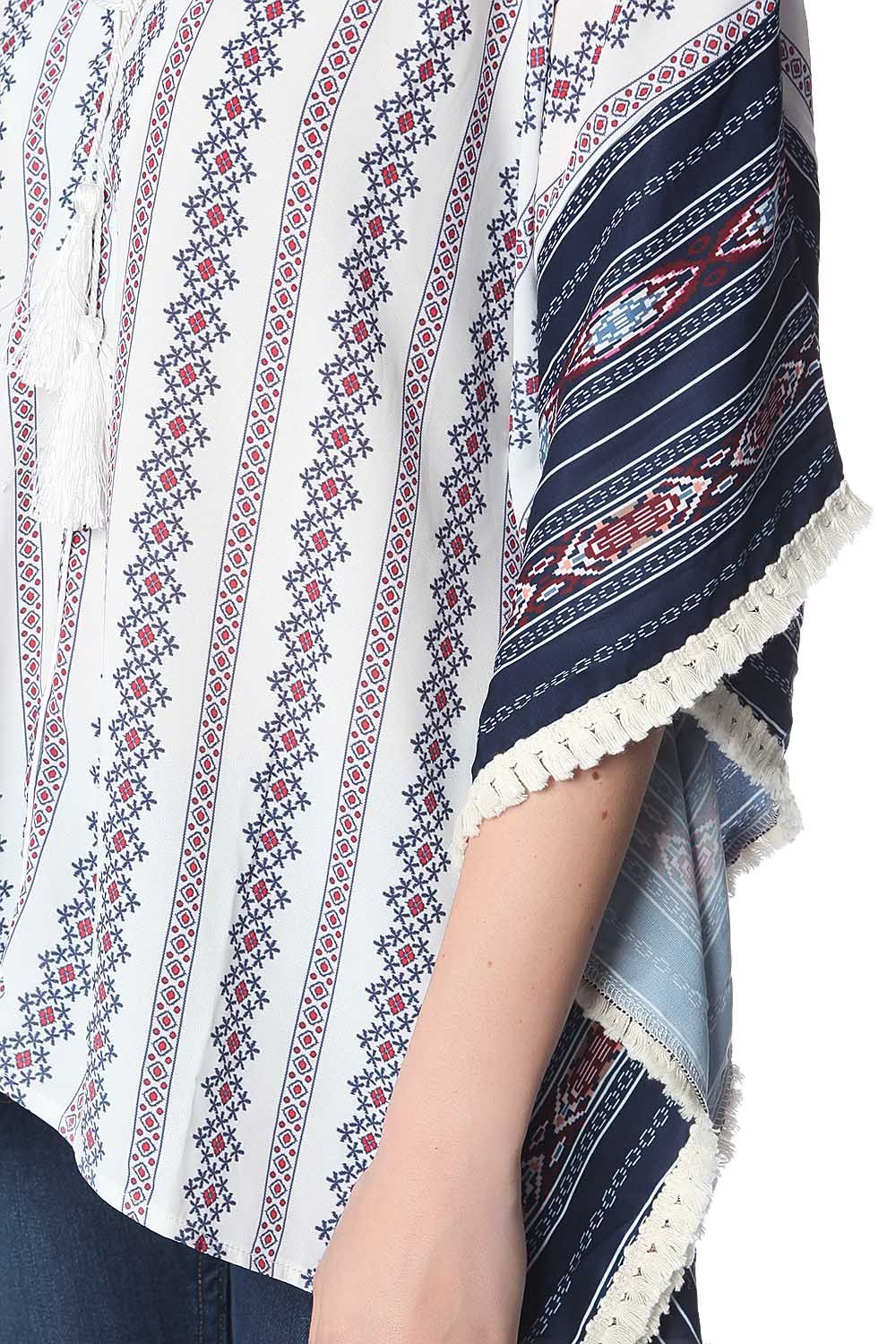 Top oversize stile poncho con motivo tribale blu navy