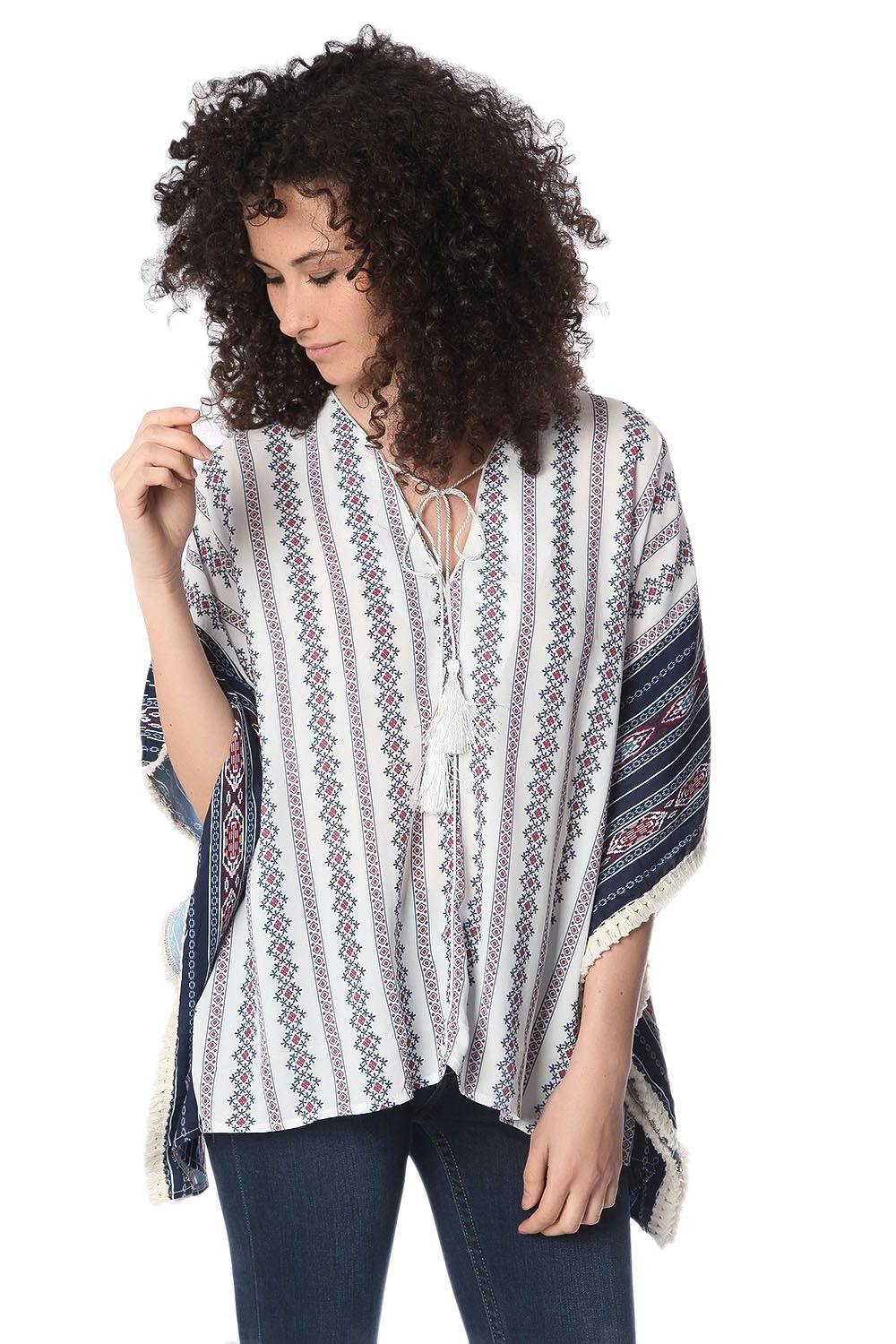 Q2 Top oversize stile poncho con motivo tribale blu navy