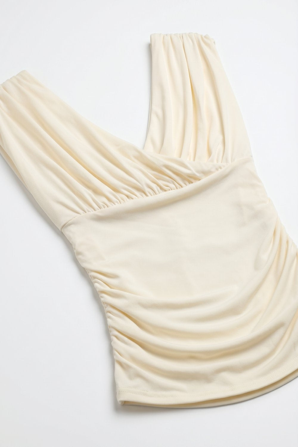 Top Senza Maniche in Tessuto Elasticizzato Crema con Davanti Drappeggiato Arricciato