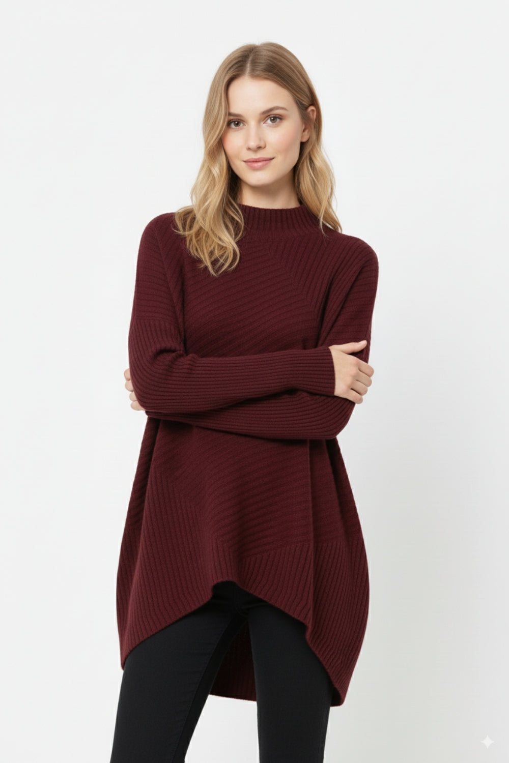 Tunica in maglia a coste asimmetrica bordeaux