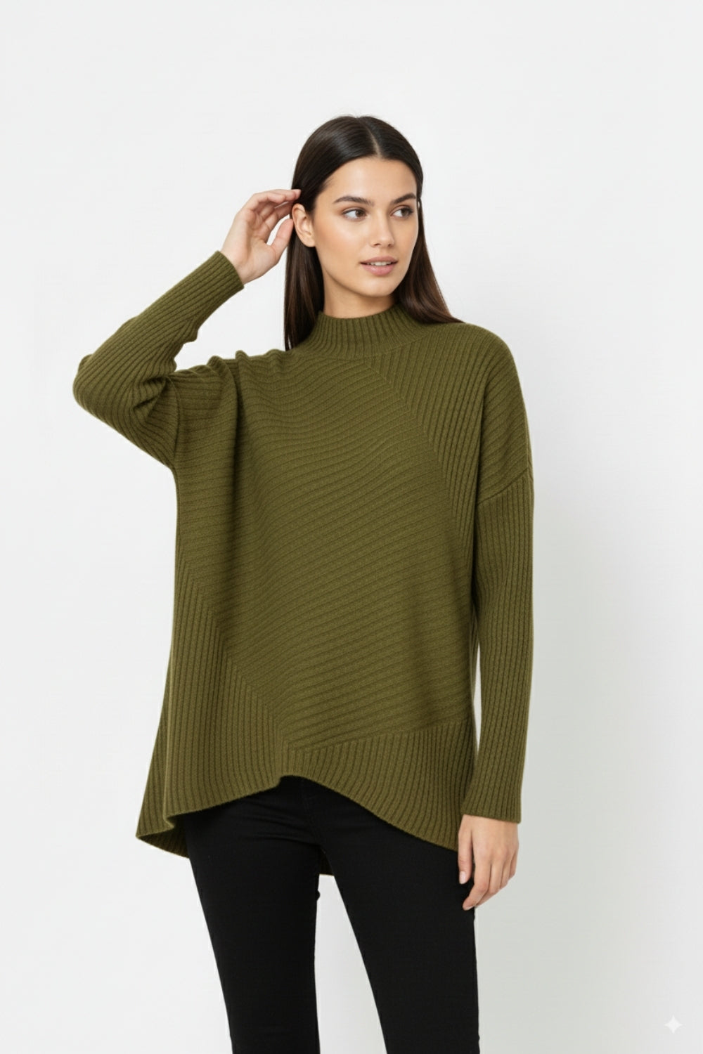 Tunica in maglia a coste asimmetrica Khaki