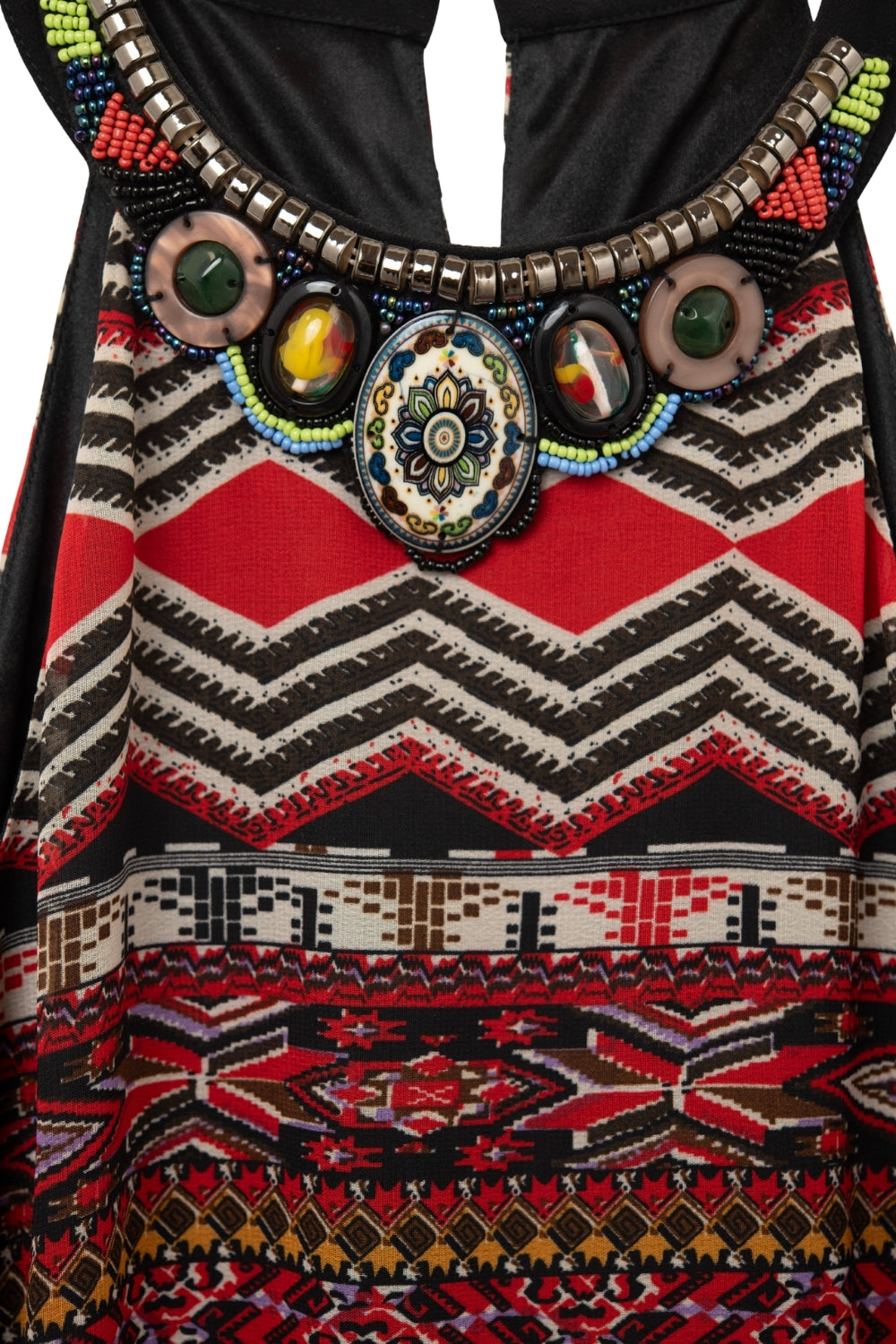 Vestito midi boho rosso con stampa tribale