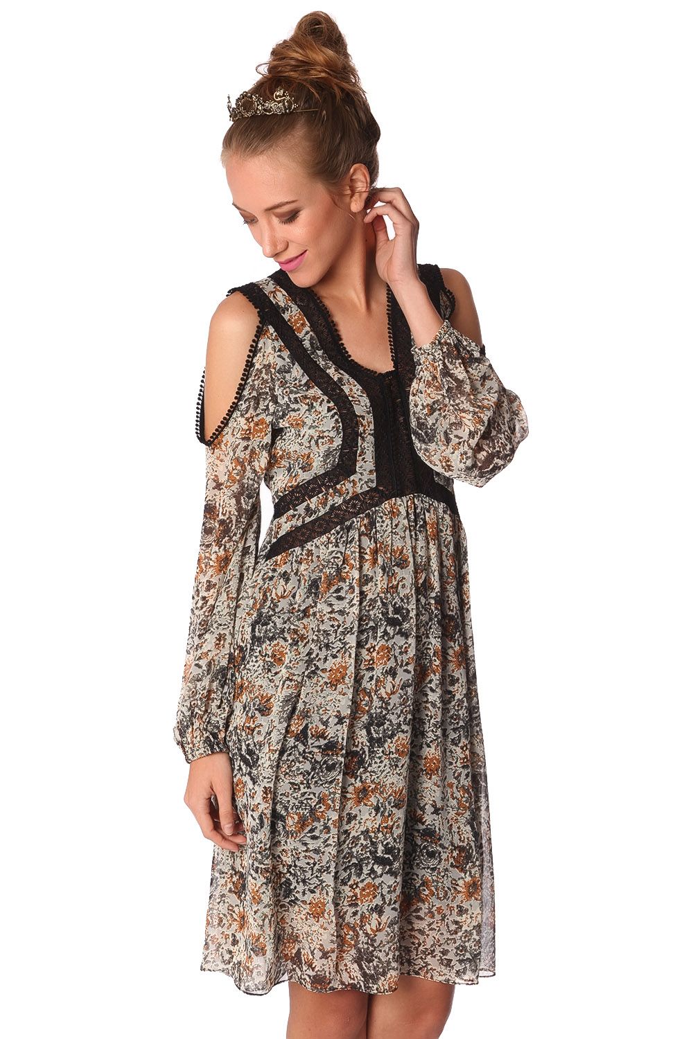 Q2 Vestito midi con stampa floreale blu e inserti all'uncinetto
