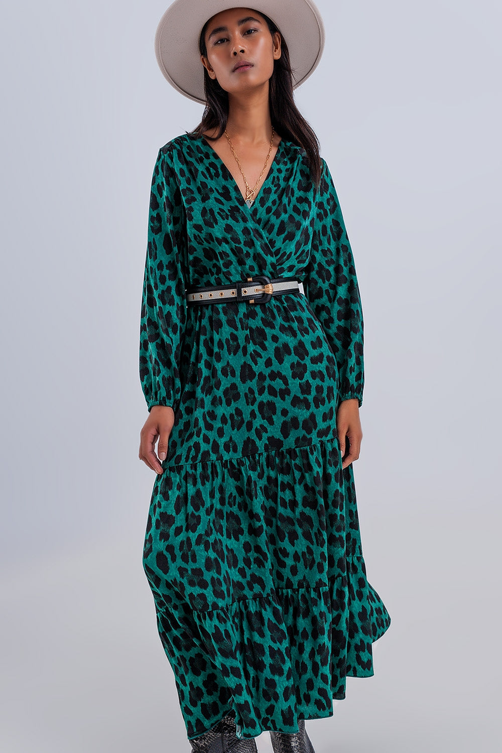 Vestito scalda cuore maxi color verde a balze a manica lunga