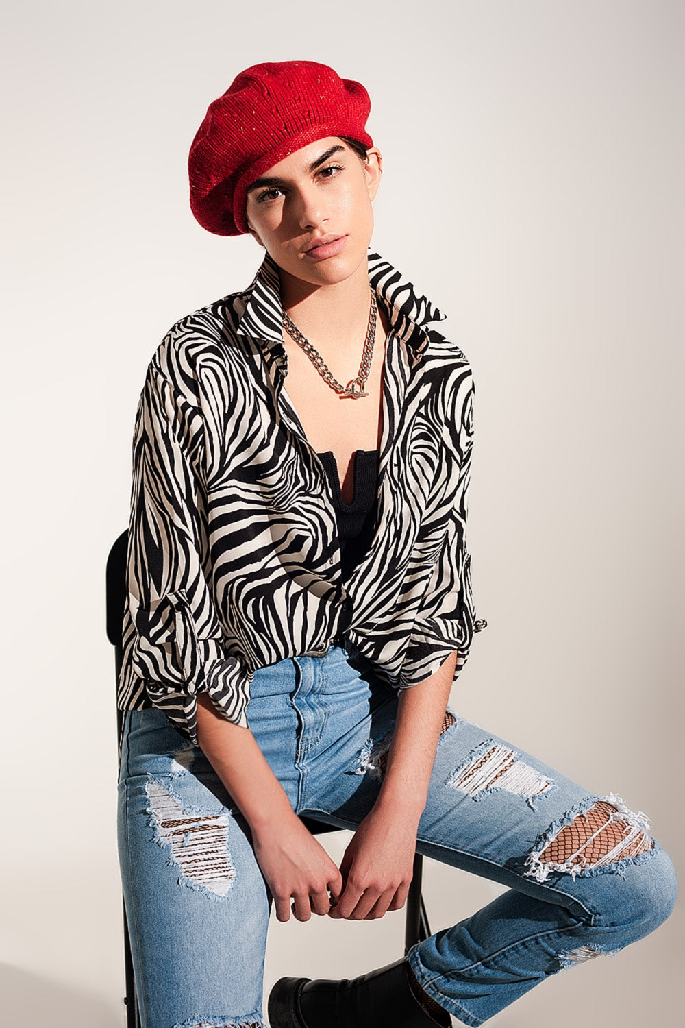 Q2 Camicia di chiffon zebrata e maniche con risvolto abbottonato