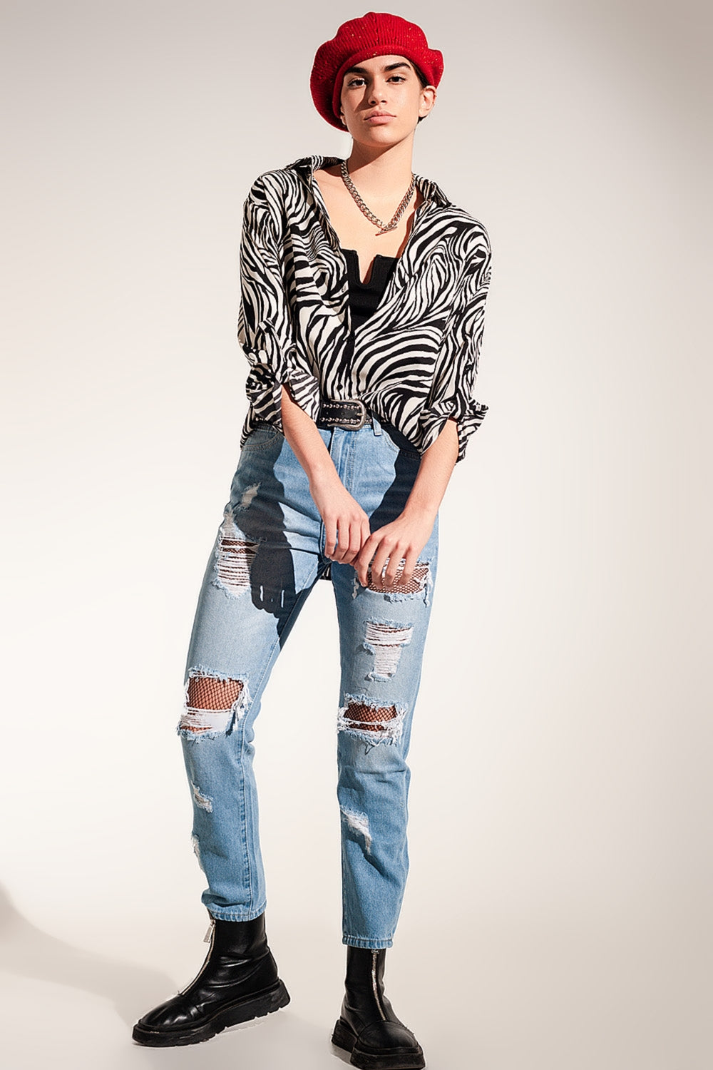 Camicia di chiffon zebrata e maniche con risvolto abbottonato