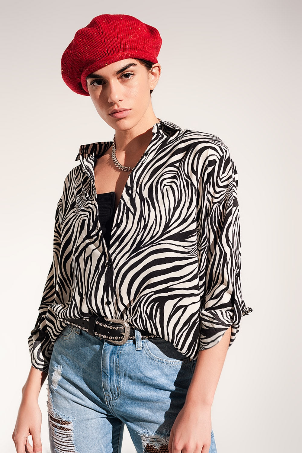 Camicia di chiffon zebrata e maniche con risvolto abbottonato