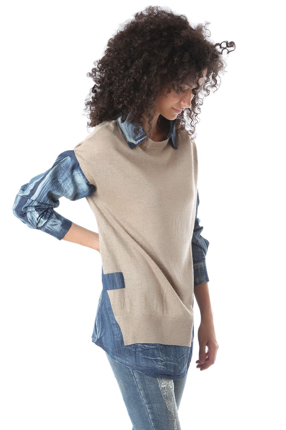 Q2 Camicia di jeans con dettagli di maglia