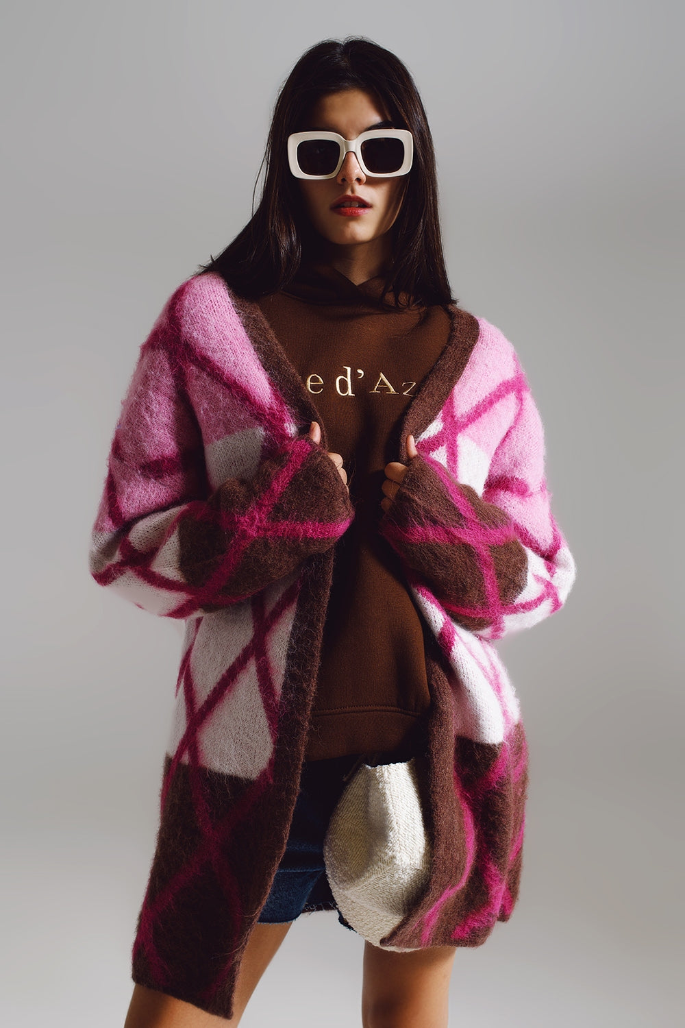 Q2 Cardigan con stampa argyle e righe nei toni del rosa