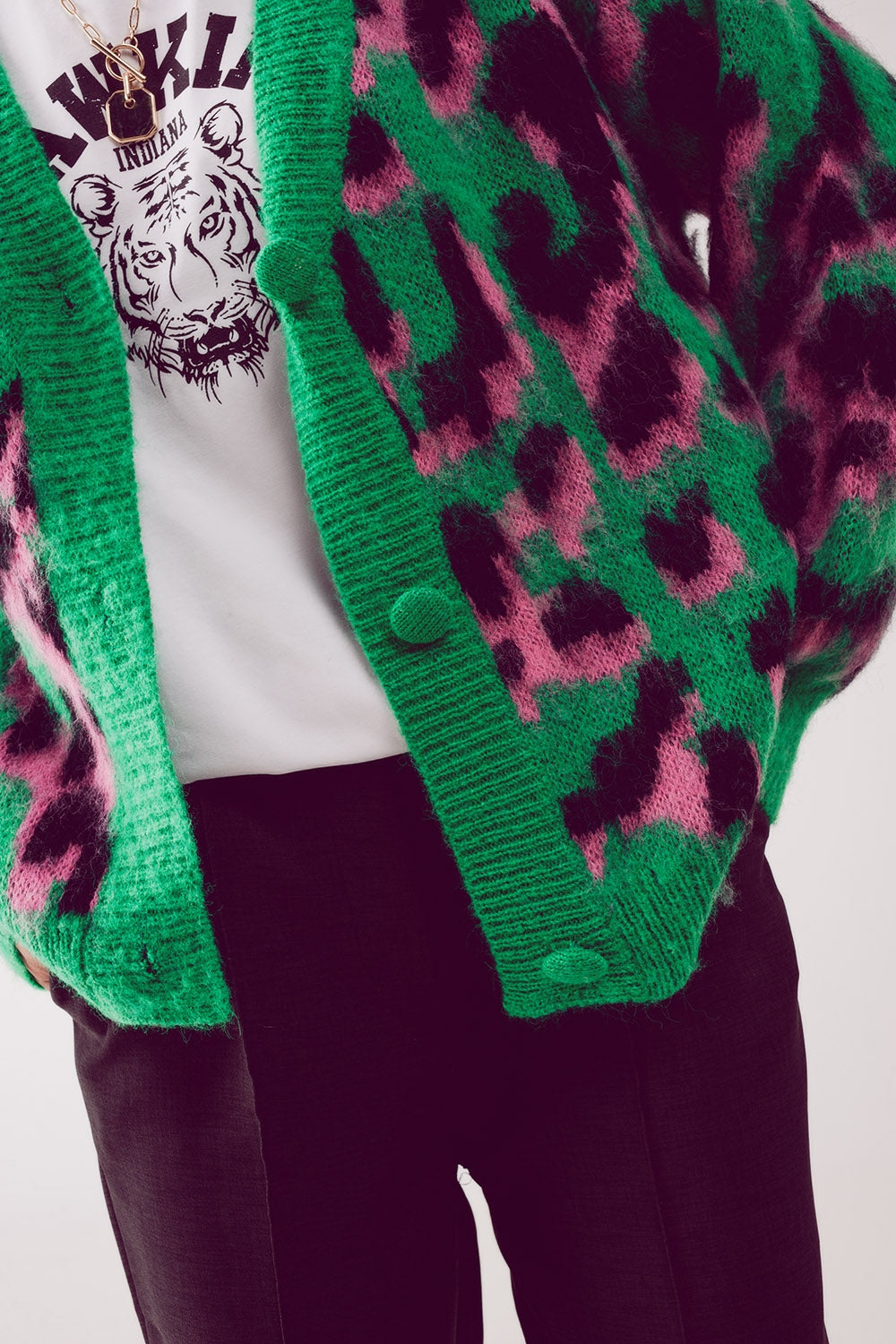 Cardigan taglio lungo con motivo astratto animalier verde
