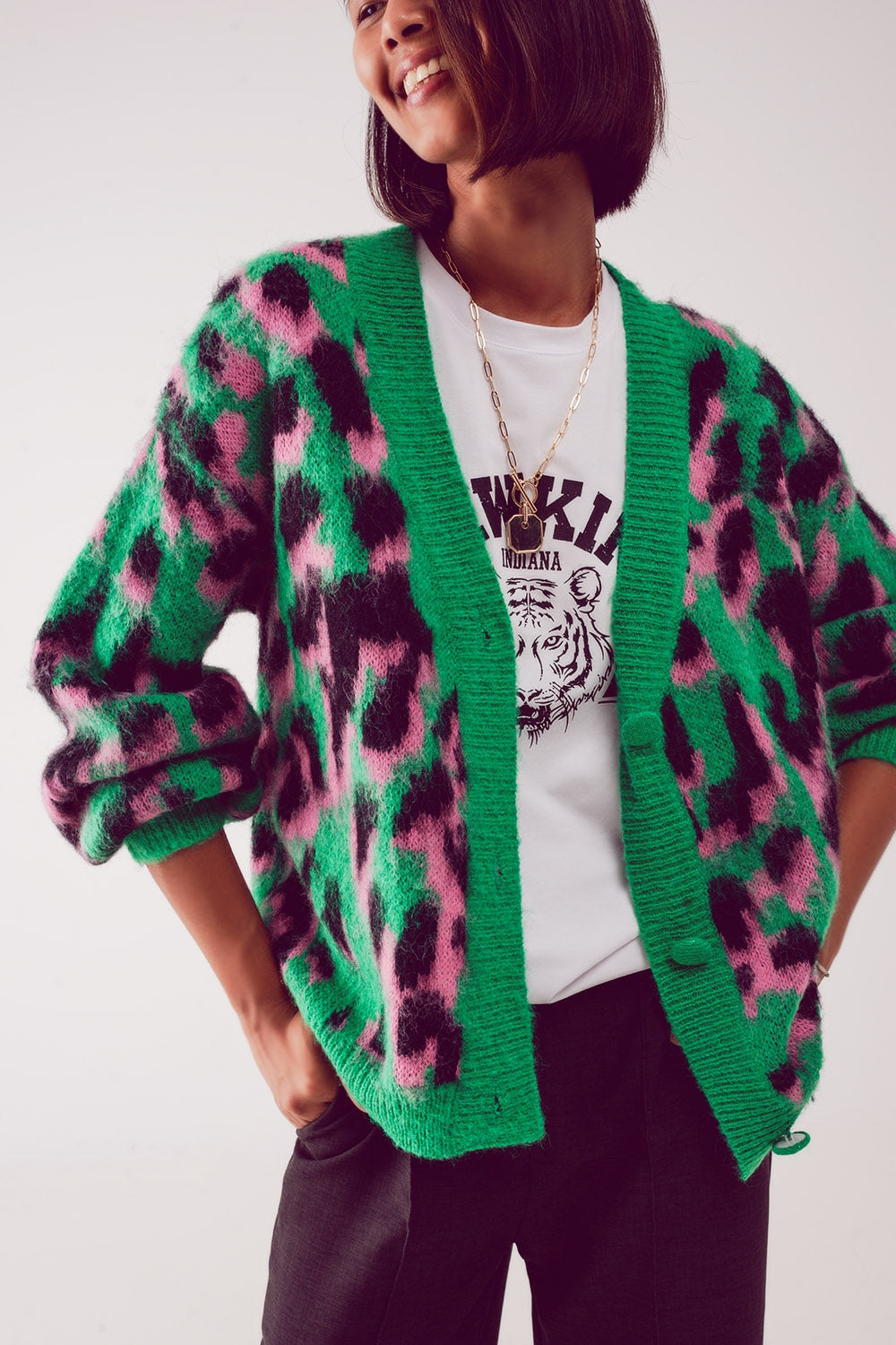 Cardigan taglio lungo con motivo astratto animalier verde