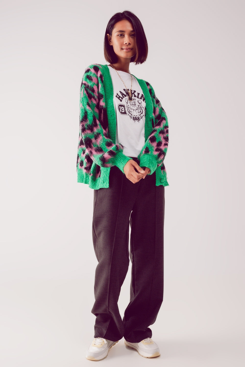 Cardigan taglio lungo con motivo astratto animalier verde