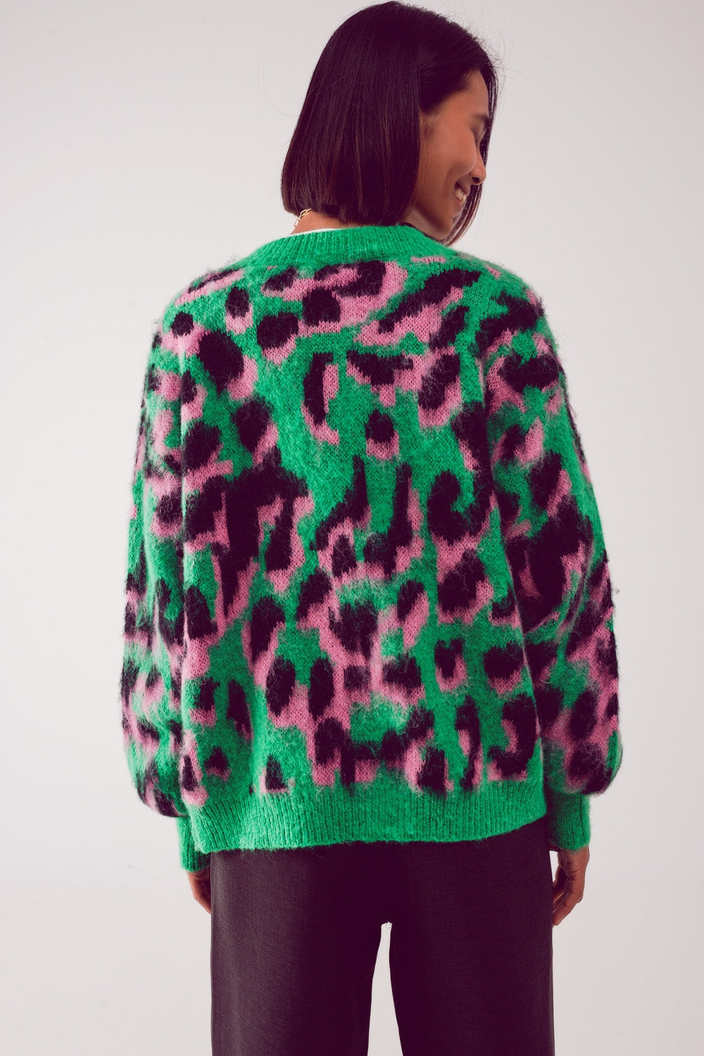 Cardigan taglio lungo con motivo astratto animalier verde