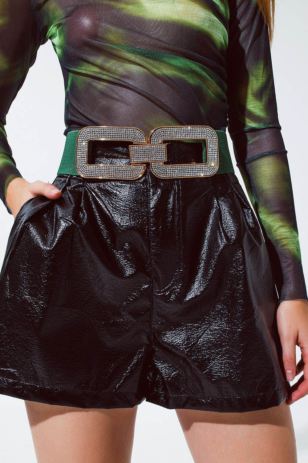 Q2 Cintura elastica verde con doppia fibbia ovale con incastonature di strass