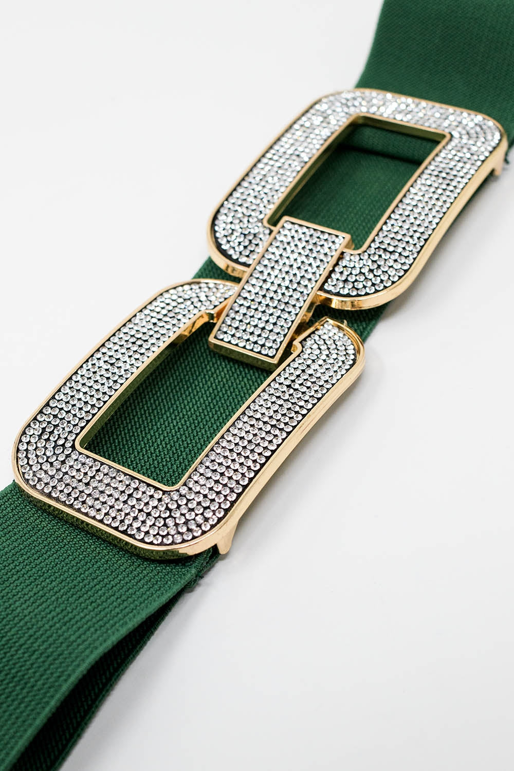 Cintura elastica verde con doppia fibbia ovale con incastonature di strass