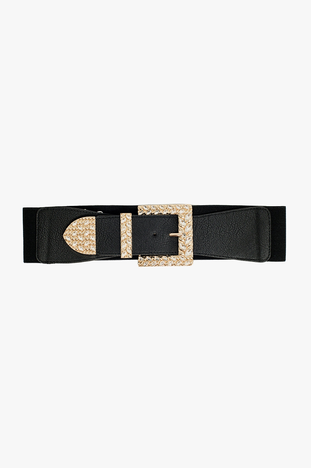 Cintura nera elastica con fibbia e punta in metallo con strass.