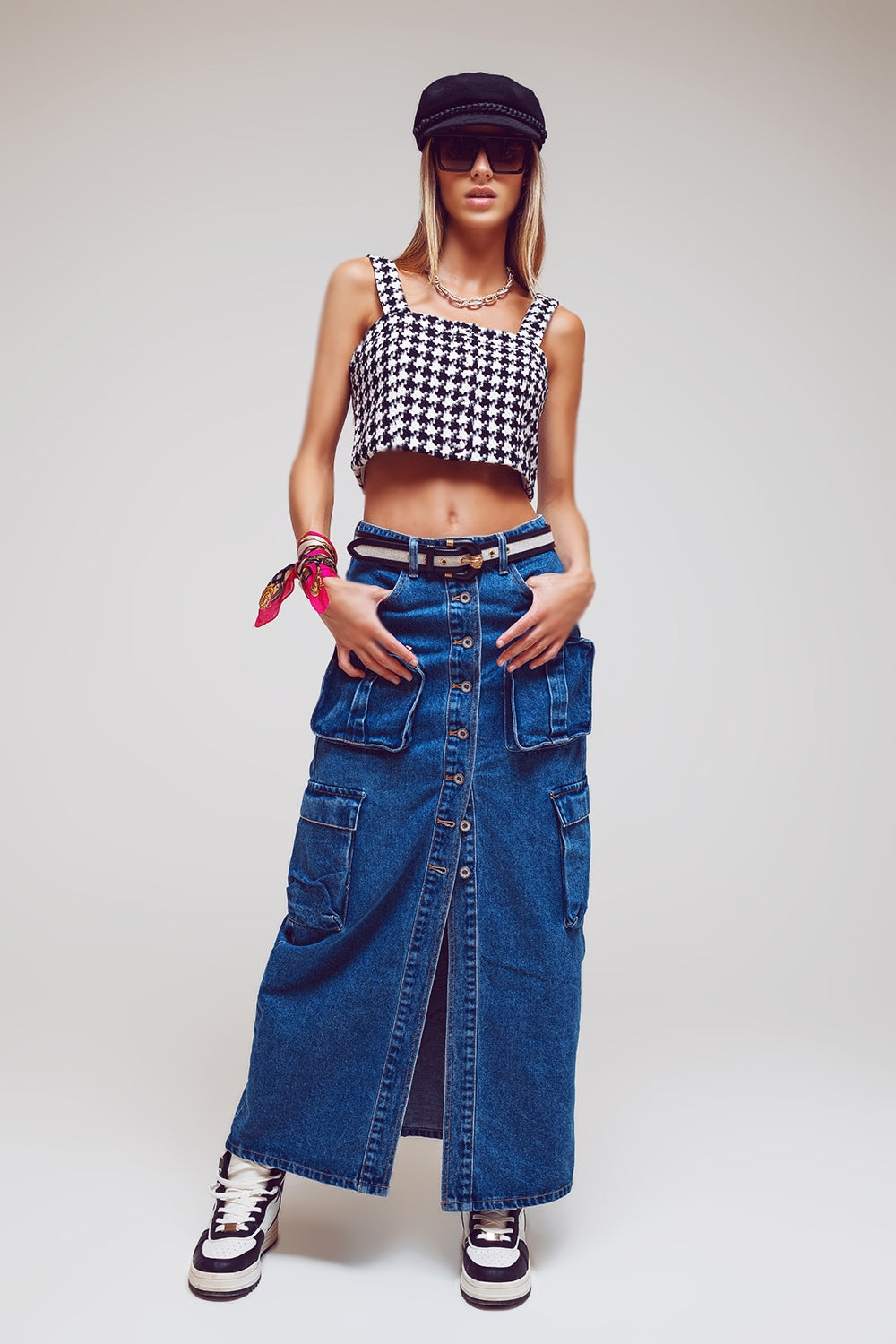 Gonna cargo lunga in denim con bottoni in lavaggio medio