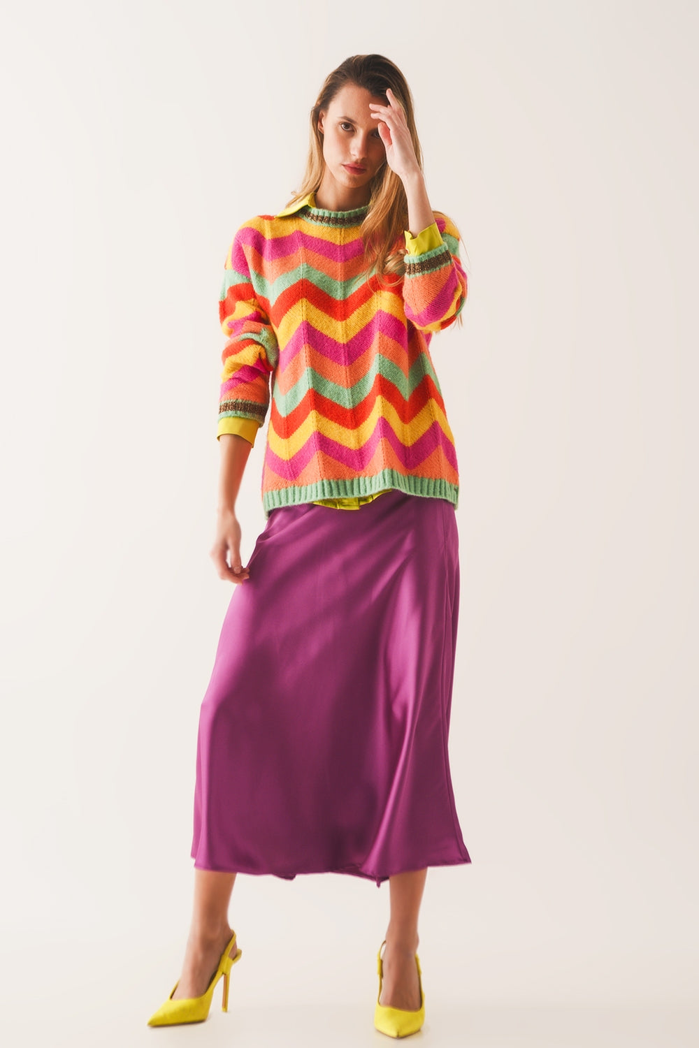 Gonna midi in raso fucsia