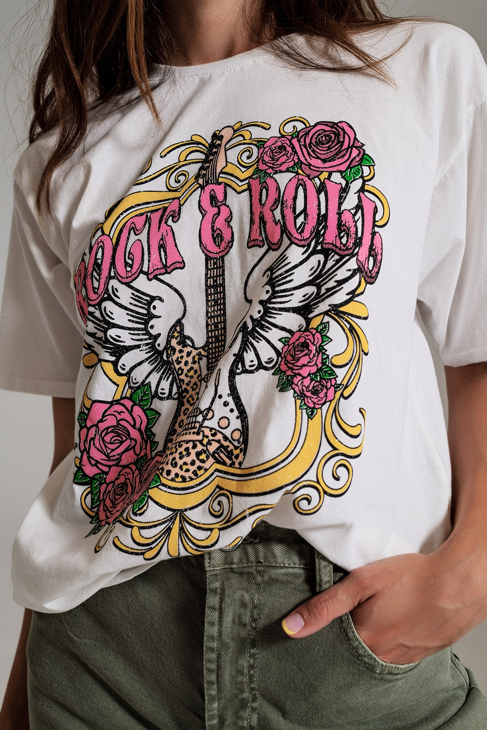 Maglietta bianca con stampa Vintage Rock and Roll