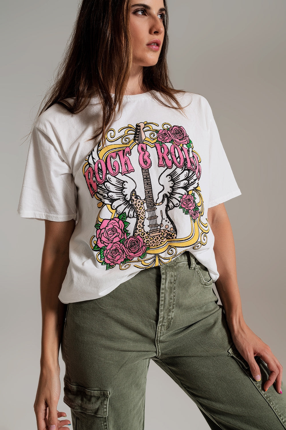 Maglietta bianca con stampa Vintage Rock and Roll