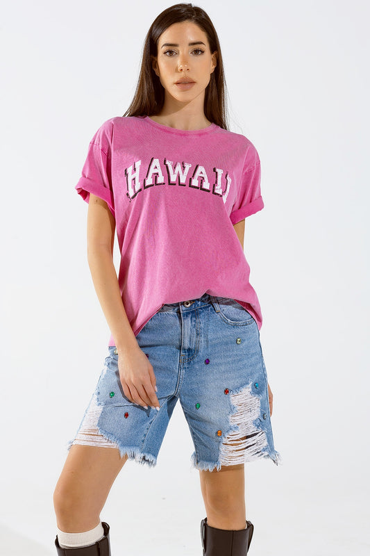 Q2 Maglietta Hawaii effetto lavato in Fuschia