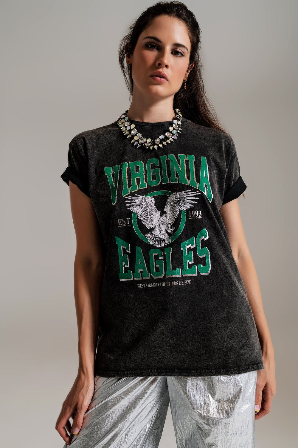 Maglietta nera con testo Virgina Eagels