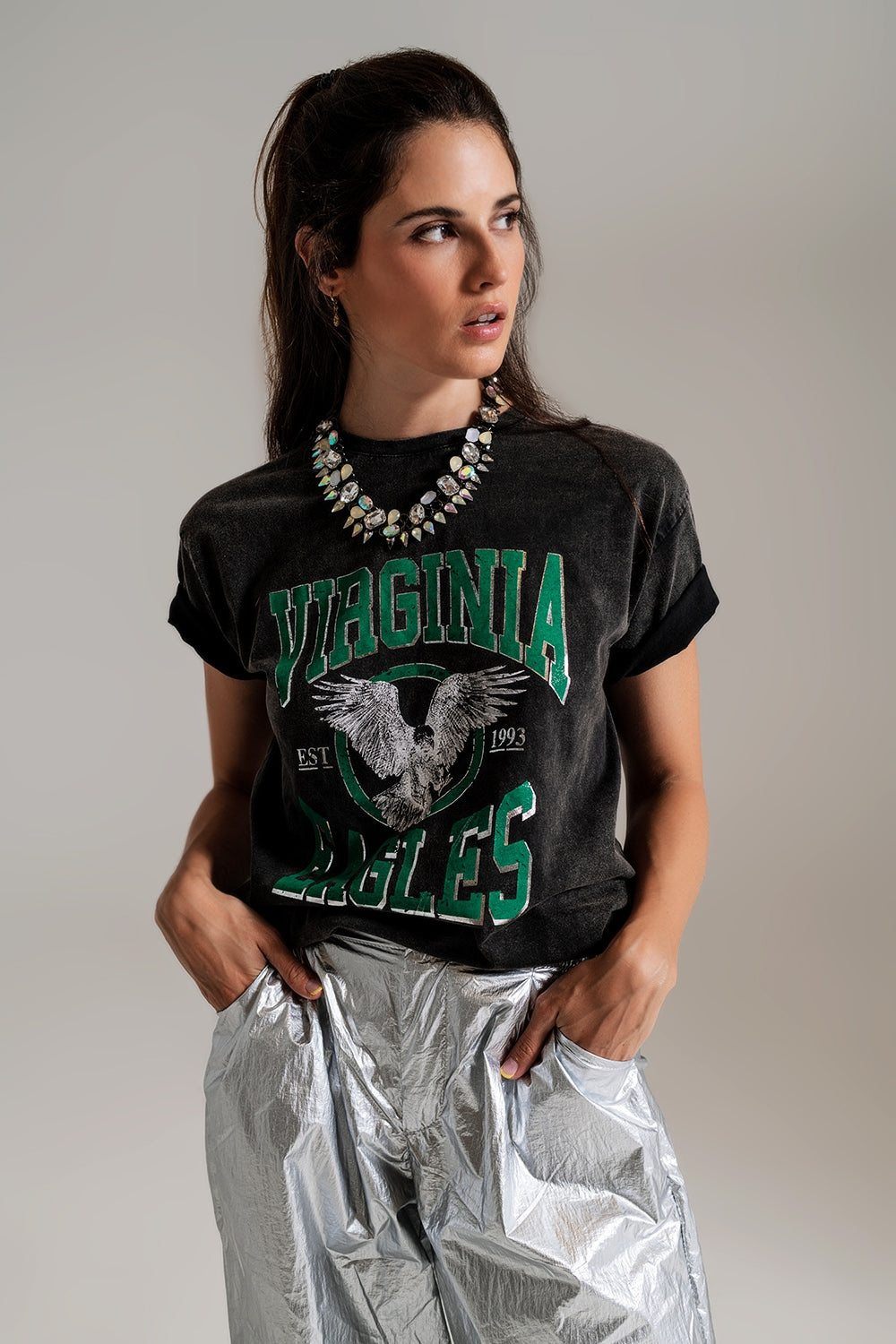 Maglietta nera con testo Virgina Eagels