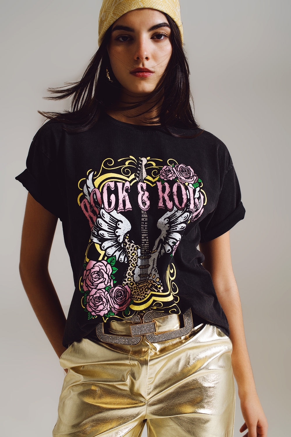 Maglietta stampata vintage Rock and Roll in nero