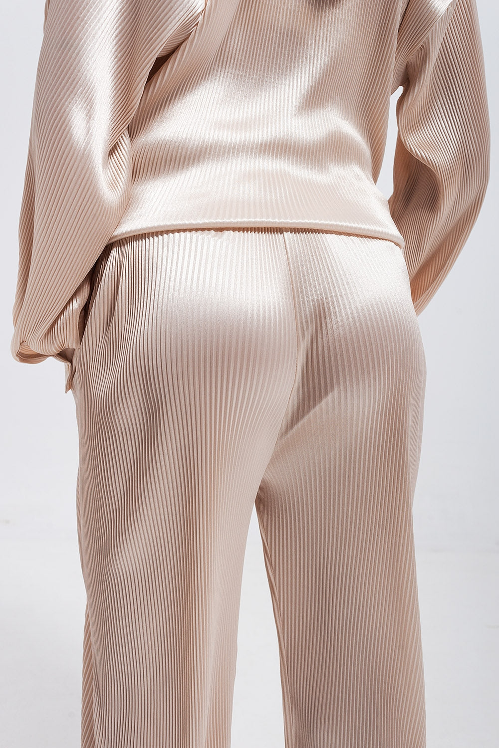 Pantaloni in raso a coste con fondo ampio champagne