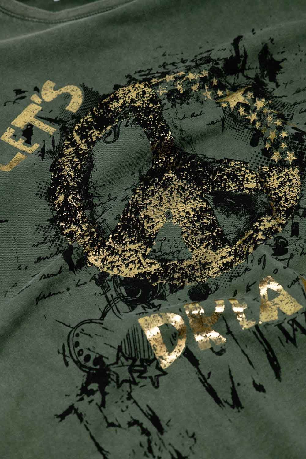 T-shirt a manica corta con grafica Peace Sign sul davanti color kaki